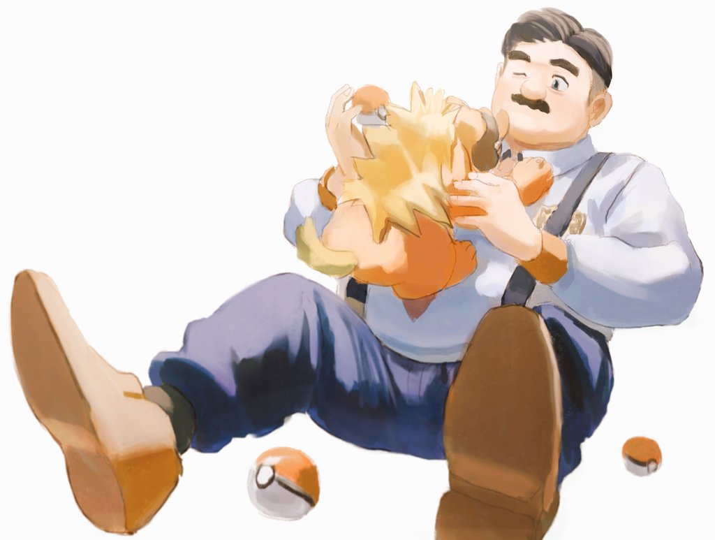 1boy 6xiachunqiu7 affectionate blush character_request creature_on_chest facial_hair fat fat_man male_focus maschiff mustache old old_man one_eye_closed poke_ball poke_ball_(basic) pokemon pokemon_(creature) pokemon_(game) pokemon_sv short_hair sitting suspenders thick_eyebrows undercut unfinished