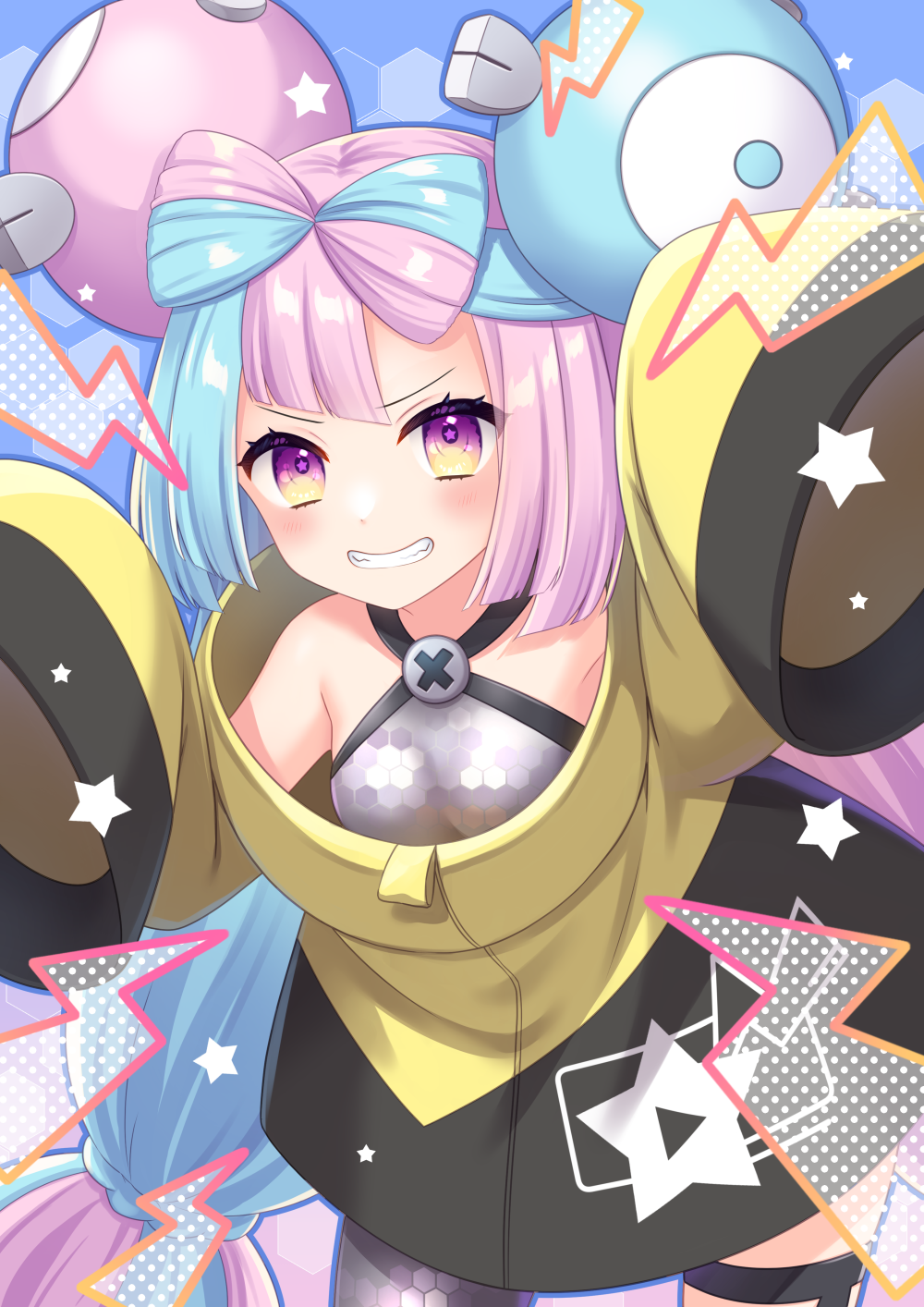 1girl bangs blush breasts commentary_request eyelashes green_hair grey_pantyhose grey_shirt grin hands_up highres iono_(pokemon) jacket lightning_bolt_symbol long_hair looking_at_viewer pantyhose pokemon pokemon_(game) pokemon_sv purple_eyes purple_hair shirt single_leg_pantyhose sleeveless sleeveless_shirt sleeves_past_fingers sleeves_past_wrists smile solo star_(symbol) star_print stardrop teeth thigh_strap yellow_jacket