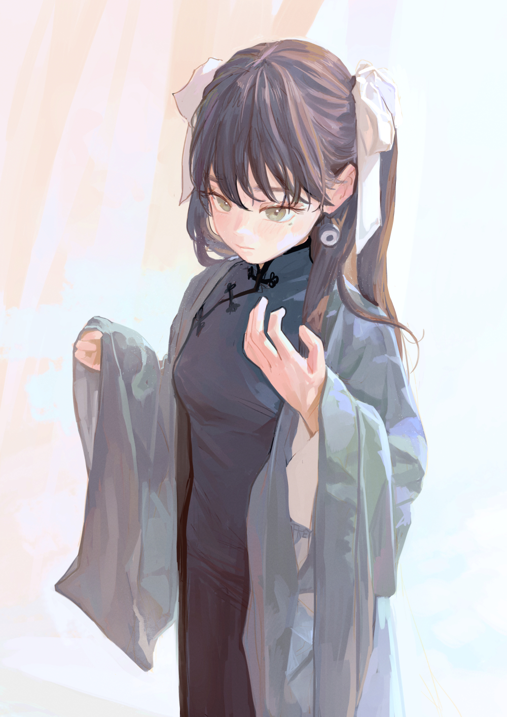 1girl black_dress brown_hair china_dress chinese_clothes closed_mouth coat commentary dress earrings eyeball_bracelet_girl_(fkey) fkey green_eyes hair_ribbon highres jewelry long_sleeves looking_at_viewer original ribbon solo symbol-only_commentary twintails white_ribbon