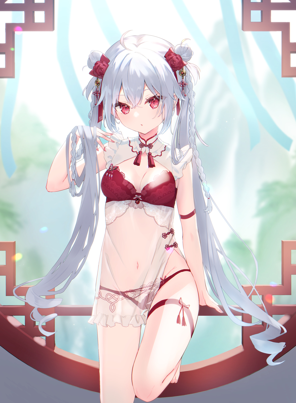 1girl :o ahoge bangs blurry blurry_background bow breasts depth_of_field double_bun flower grey_hair hair_between_eyes hair_bow hair_bun hair_flower hair_ornament hand_up highres long_hair looking_at_viewer nail_polish navel omelet_tomato original panties parted_lips red_bow red_eyes red_flower red_nails red_panties red_rose rose round_window see-through small_breasts solo twintails underwear very_long_hair window