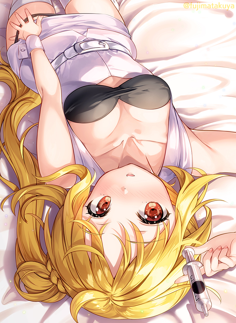 1girl arm_up bangs bed_sheet black_panties blonde_hair blush bocchi_the_rock! breasts commentary_request dress fujima_takuya hat holding holding_syringe ijichi_nijika long_hair lying medium_breasts nail_polish nose_blush nurse_cap on_back panties panty_pull parted_lips pink_nails pulled_by_self red_eyes side_ponytail solo syringe thighhighs twitter_username underwear upside-down very_long_hair white_dress white_thighhighs