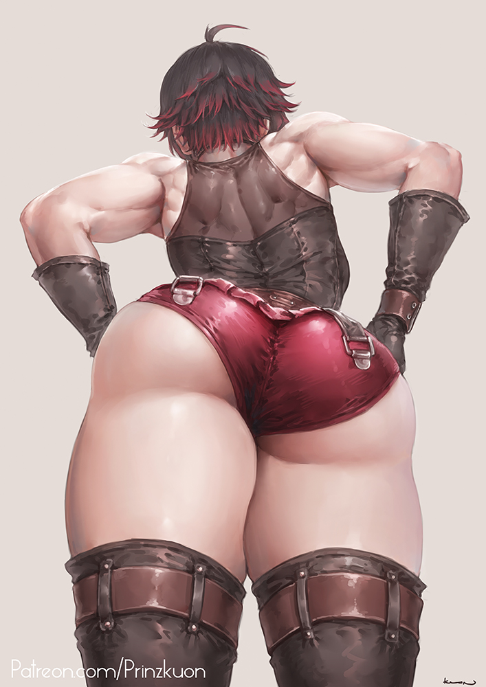 1girl alternate_muscle_size ass back black_hair black_thighhighs facing_away from_behind from_below gloves gradient_hair kuon_(kwonchanji) multicolored_hair muscular muscular_female red_hair red_shorts ruby_rose rwby short_hair shorts shoulder_blades simple_background solo standing thighhighs two-tone_hair