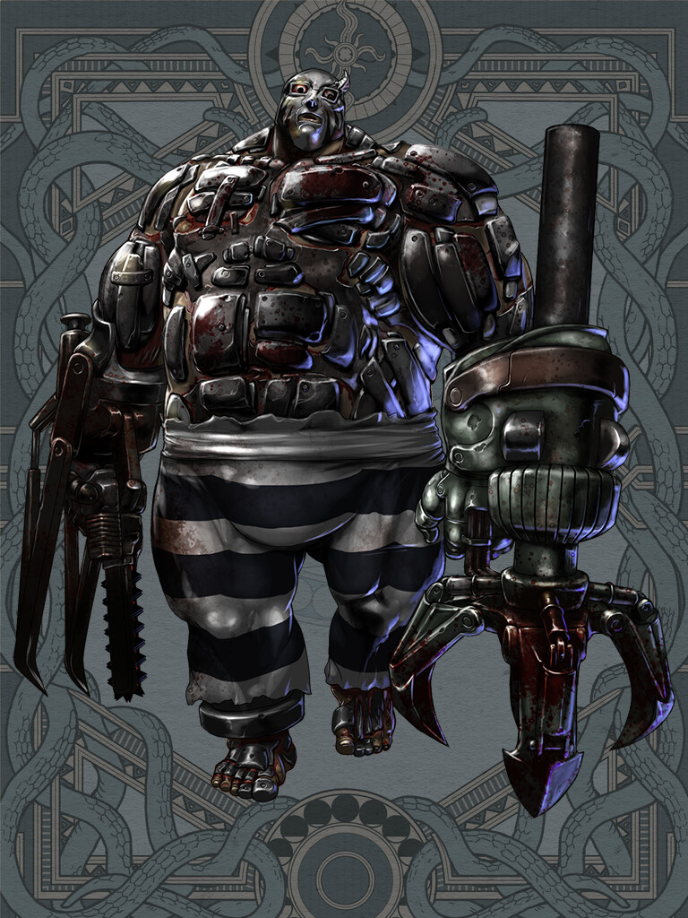 1boy anklet artist_request bald bara black_skin chainsaw check_artist clenched_hand colored_skin dairoku_ryouhei fat full_body grey_background harpoon horns jewelry male_focus pants single_horn solo standing striped striped_pants tetuhei toes