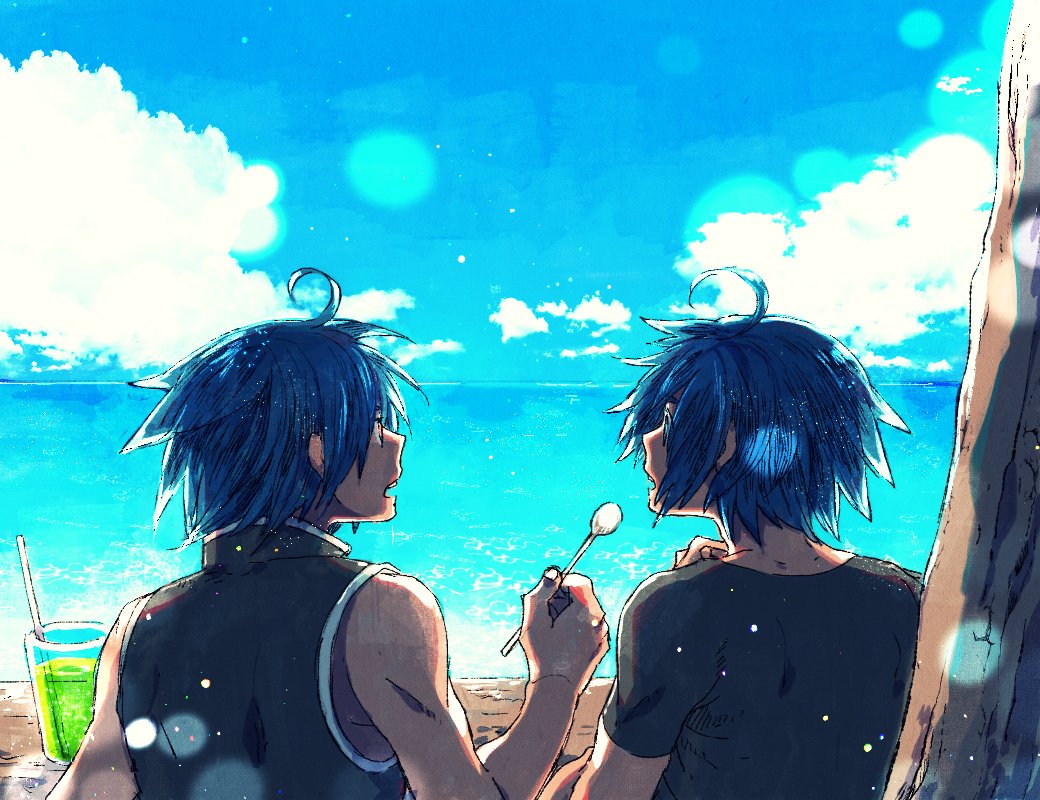 2boys ahoge black_shirt blue_eyes blue_sky chrono_cross cloud commentary cup dark_serge_(chrono_cross) from_behind holding holding_spoon horizon looking_at_another male_focus multiple_boys ocean open_mouth outdoors serge_(chrono_cross) shirt short_hair sky sleeveless sleeveless_shirt spoon t-shirt tokio_(okt0w0) water