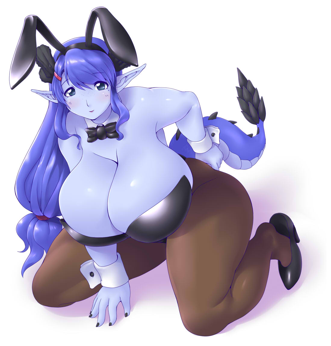 1girl animal_ears antlers arm_behind_back bangs bare_shoulders between_legs black_bow black_bowtie black_footwear black_hairband black_leotard black_nails blue_eyes blue_hair blue_skin blue_tail bow bowtie breasts brown_pantyhose cleavage closed_mouth colored_skin curvy detached_collar dragon_girl dragon_tail fake_animal_ears fingernails freckles futaba_channel hair_between_eyes hair_ornament hairband hairclip hand_between_legs high_heels highleg highleg_leotard huge_breasts kneeling kuma_(kumahoihoi) leotard long_hair low-tied_long_hair mole mole_under_eye nail_polish nijiura_maids pantyhose playboy_bunny pointy_ears purple_lips rabbit_ears seiryuu_(nijiura_maid) shadow shoes sidelocks simple_background skindentation smile solo spiked_tail strapless strapless_leotard tail tareme thick_thighs thighs white_background wide_hips wrist_cuffs