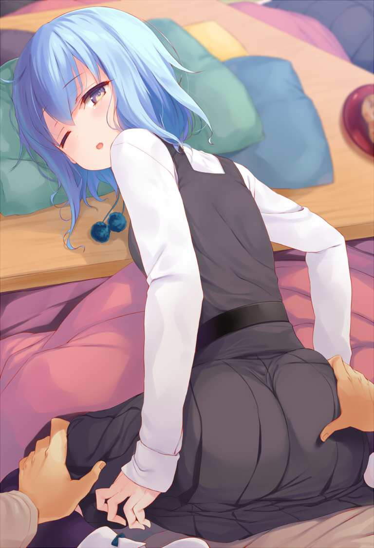 1boy 2girls :o ass ass_grab bangs black_vest blue_eyes blue_hair blush breasts commentary_request from_behind grabbing_another's_ass groping half-closed_eye hands_on_ass head_on_table hetero implied_sex indoors kneehighs komone_ushio kotatsu leg_grab light_blue_hair light_blush long_sleeves looking_at_viewer looking_back medium_hair multiple_girls one_eye_closed open_mouth original pillow pleated_skirt pov pov_hands shirt sitting skirt sleep_molestation sleepy small_breasts socks solo_focus table thigh_grab vest waking_up