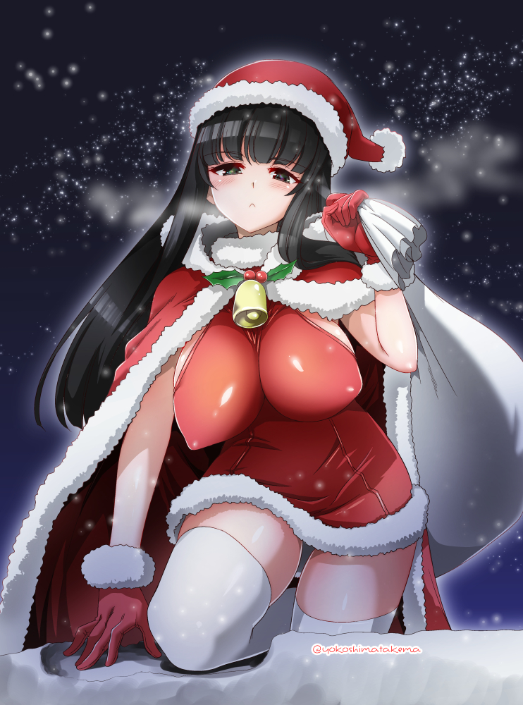 1girl bangs bell black_eyes black_hair blunt_bangs blush breasts cape christmas climbing closed_mouth commentary covered_nipples dress frown fur-trimmed_cape fur-trimmed_dress fur-trimmed_gloves fur_trim girls_und_panzer gloves half-closed_eyes halter_dress halterneck hat holly impossible_clothes impossible_dress kneeling large_breasts long_hair looking_at_viewer mature_female microdress neck_bell night night_sky nishizumi_shiho outdoors red_cape red_dress red_gloves red_headwear santa_costume santa_dress santa_gloves santa_hat sky snowing solo star_(sky) starry_sky straight_hair thighhighs twitter_username white_thighhighs yokoshima_takemaru