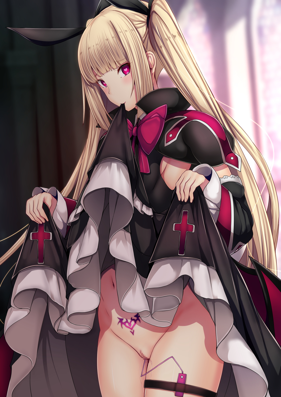 1girl bangs black_bow black_ribbon blazblue blonde_hair blunt_bangs blush bottomless bow bowtie breasts censored commentary_request daiaru detached_sleeves dress eyes_visible_through_hair frilled_dress frilled_sleeves frills gothic_lolita hair_bow heart heart-shaped_pupils highres large_bow lifted_by_self lolita_fashion long_hair mosaic_censoring navel pussy rachel_alucard red_bow red_eyes ribbon small_breasts smile solo symbol-shaped_pupils twintails very_long_hair vibrator_in_thigh_strap wide_sleeves