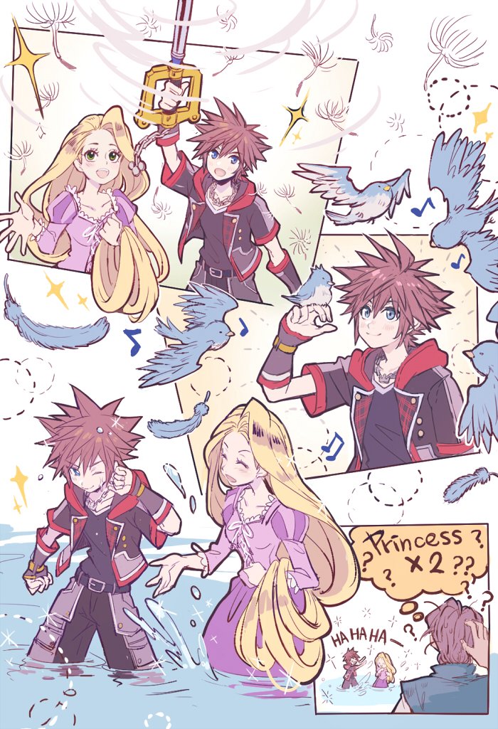 1girl 2boys ? bangs bird bird_on_hand blonde_hair blue_bird blue_eyes breasts brown_hair chain_necklace closed_eyes dress falling_feathers flynn_rider hair_between_eyes holding holding_weapon hood hood_down hooded_jacket jacket jewelry juliet_sleeves keyblade kingdom_hearts kingdom_hearts_iii long_hair long_sleeves medium_breasts multiple_boys musical_note necklace one_eye_closed open_mouth parted_bangs partially_submerged puffy_sleeves purple_dress rapunzel_(disney) scratching_head short_hair short_sleeves smile sora_(kingdom_hearts) sparkle spiked_hair splashing tangled very_long_hair weapon yurichi_(artist)