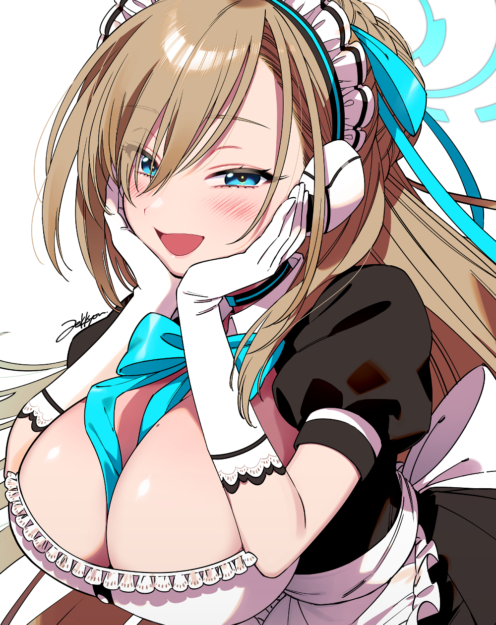 1girl apron aqua_bow aqua_bowtie aqua_ribbon asuna_(blue_archive) bangs between_breasts black_dress blue_archive blue_eyes blush bow bowtie breasts brown_hair cleavage commentary dress gloves hair_between_eyes hair_ribbon halo hands_on_own_cheeks hands_on_own_face headphones highres large_breasts long_hair looking_at_viewer maid_headdress mole mole_on_breast open_mouth ribbon short_sleeves signature simple_background solo waist_apron white_apron white_background white_gloves zekkyou_(h9s9)