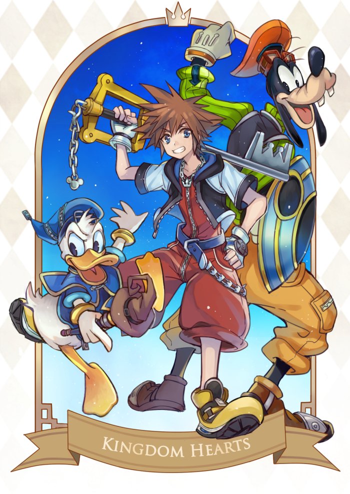 3boys barefoot belt bird blue_belt blue_coat blue_eyes blue_headwear brown_hair chain_necklace coat cropped_jacket dog donald_duck duck full_body goofy green_sweater grin hair_between_eyes hand_on_hip hat holding holding_shield holding_staff holding_weapon hood hood_down hooded_jacket jacket jewelry jumpsuit keyblade kingdom_hearts looking_at_viewer male_focus multiple_boys necklace orange_headwear over_shoulder pants red_jumpsuit shield short_hair short_jumpsuit short_sleeves smile sora_(kingdom_hearts) spiked_hair staff sweater teeth turtleneck turtleneck_sweater weapon weapon_over_shoulder yellow_footwear yellow_pants yurichi_(artist)