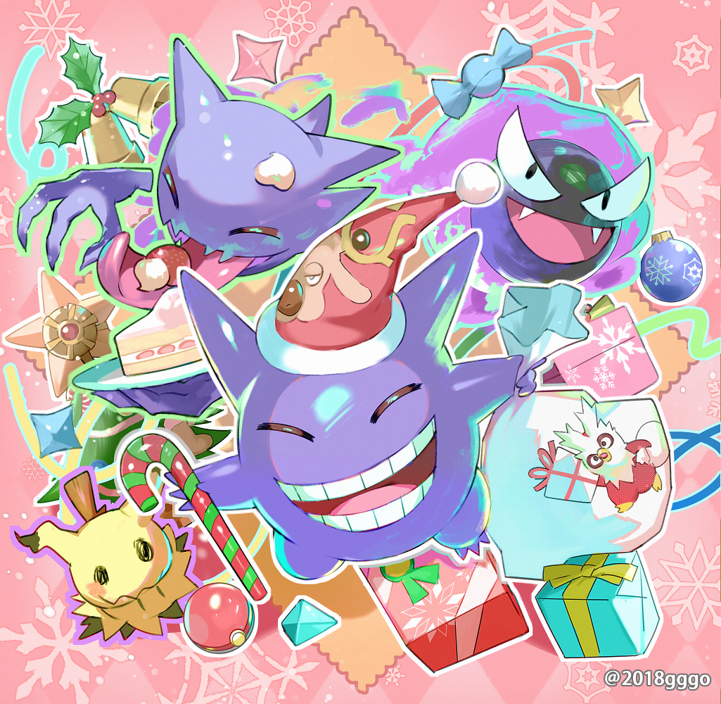 :d bauble bell black_eyes candy candy_cane candy_wrapper character_print christmas closed_eyes commentary_request delibird fangs food gastly gengar hat haunter holding holly mimikyu no_humans open_mouth poke_ball pokemon pokemon_(creature) red_headwear santa_hat smile stantler staryu teeth tongue yurian_(user_utch8788)