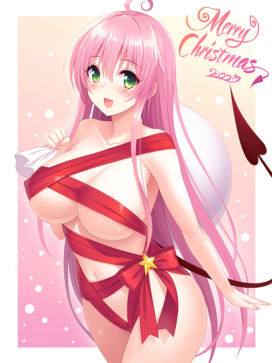 1girl :d ahoge breasts christmas collarbone cygnus_(cygnus7) demon_girl demon_tail green_eyes hair_between_eyes highres lala_satalin_deviluke large_breasts long_hair looking_at_viewer merry_christmas naked_ribbon navel open_mouth pink_hair red_ribbon ribbon smile solo tail to_love-ru twitter_username