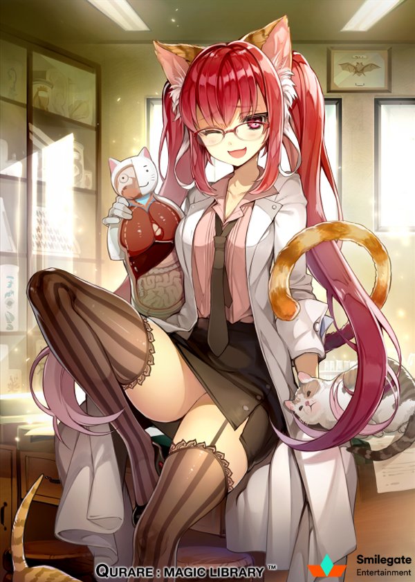 1girl :d animal animal_ear_fluff animal_ears bangs bat_(animal) black_footwear black_necktie black_skirt black_thighhighs bug butterfly cabinet cat cat_ears cat_girl cat_tail ceiling_light character_request cocorip collared_shirt copyright_name cross-section drawer english_text feet_out_of_frame garter_straps glasses grey_cat holding indoors intestines labcoat lamp liver logo long_hair long_sleeves looking_at_viewer lungs necktie official_art one_eye_closed open_labcoat open_mouth orange_cat organs out_of_frame over-rim_eyewear pencil_skirt picture_frame pink_eyes pink_shirt qurare_magic_library red-framed_eyewear red_hair semi-rimless_eyewear shirt sidelocks sitting sitting_on_table skirt smile striped striped_thighhighs tabby_cat table tail thighhighs twintails white_cat white_hair