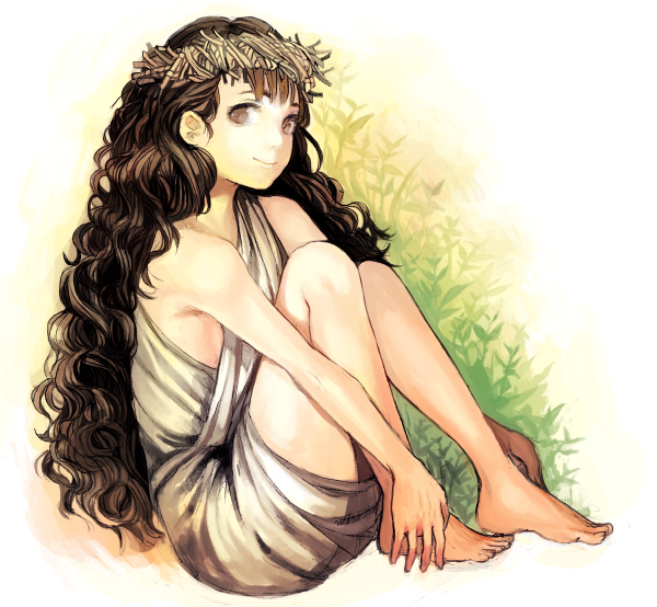 1girl bare_legs bare_shoulders barefoot black_hair closed_mouth costume_request curly_hair feet full_body greek_clothes greek_mythology happy long_hair nagu original persephone_(mythology) single_strap smile solo very_long_hair