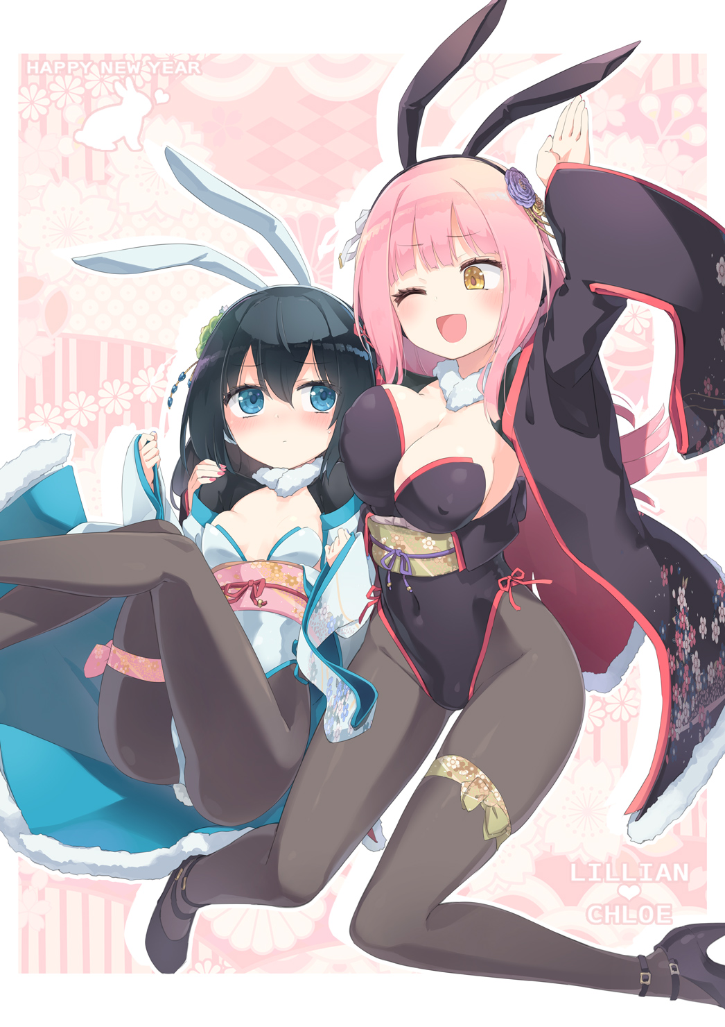 2girls ;d animal_ears arm_up bangs black_hair black_hairband black_leotard black_pantyhose blue_eyes blush breasts brown_eyes chinese_zodiac chloe_withers closed_mouth commentary_request covered_navel covered_nipples fake_animal_ears feet_out_of_frame fur_trim groin hair_between_eyes hairband happy_new_year highres homura_subaru large_breasts leotard lillian_ljungstrom multiple_girls obi one_eye_closed open_clothes original pantyhose pink_hair rabbit_ears sash small_breasts smile white_hairband white_leotard year_of_the_rabbit