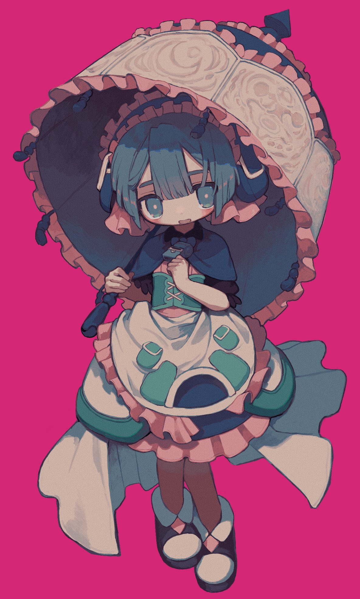 1boy apron black_footwear blue_bow blue_bowtie blue_capelet blue_eyes blue_hair blue_skirt blue_umbrella blush bow bowtie bright_pupils capelet commentary corset frilled_apron frilled_hairband frilled_shirt frilled_sleeves frilled_umbrella frills full_body hairband hands_up highres holding holding_umbrella looking_at_viewer made_in_abyss male_focus maruruk otoko_no_ko parasol parted_lips pink_background pouch shirt shoes short_hair simple_background skirt solo suzukaze168 tassel umbrella waist_apron whistle white_apron white_umbrella
