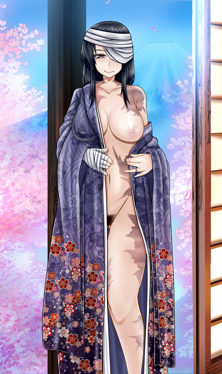 1girl bandage_over_one_eye bandaged_arm bandages black_hair blue_kimono breasts brown_eyes burn_scar collarbone female_pubic_hair floral_print fusou_(kancolle) highres japanese_clothes jewelry kantai_collection kimono large_breasts long_hair multiple_scars navel nipples print_kimono pubic_hair ring scar scar_on_breasts scar_on_leg scar_on_neck scar_on_stomach smile solo standing tk_(butakuma) undressing wedding_ring