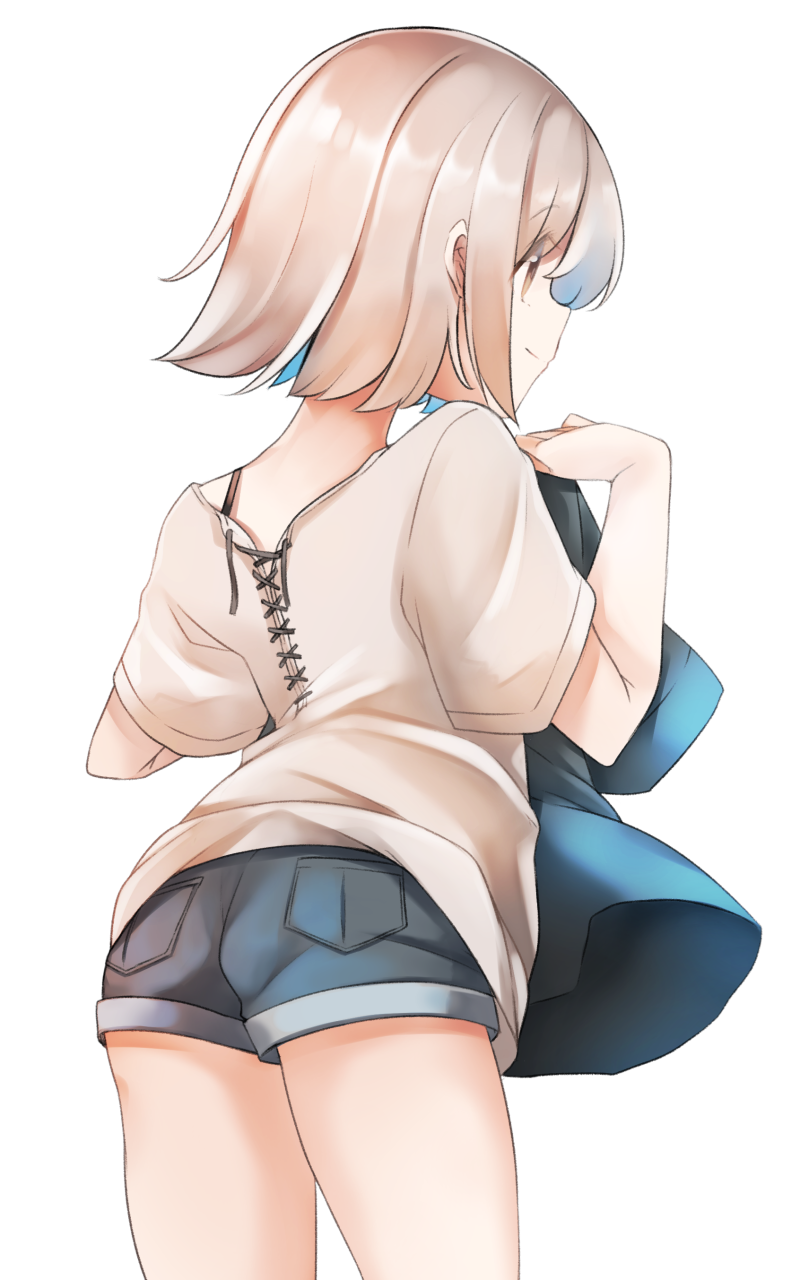1girl ass black_shirt black_shorts brown_eyes brown_hair brown_shirt closed_mouth clothes_in_front comah from_behind highres holding holding_clothes holding_shirt original profile shirt short_hair short_shorts short_sleeves shorts simple_background smile solo white_background