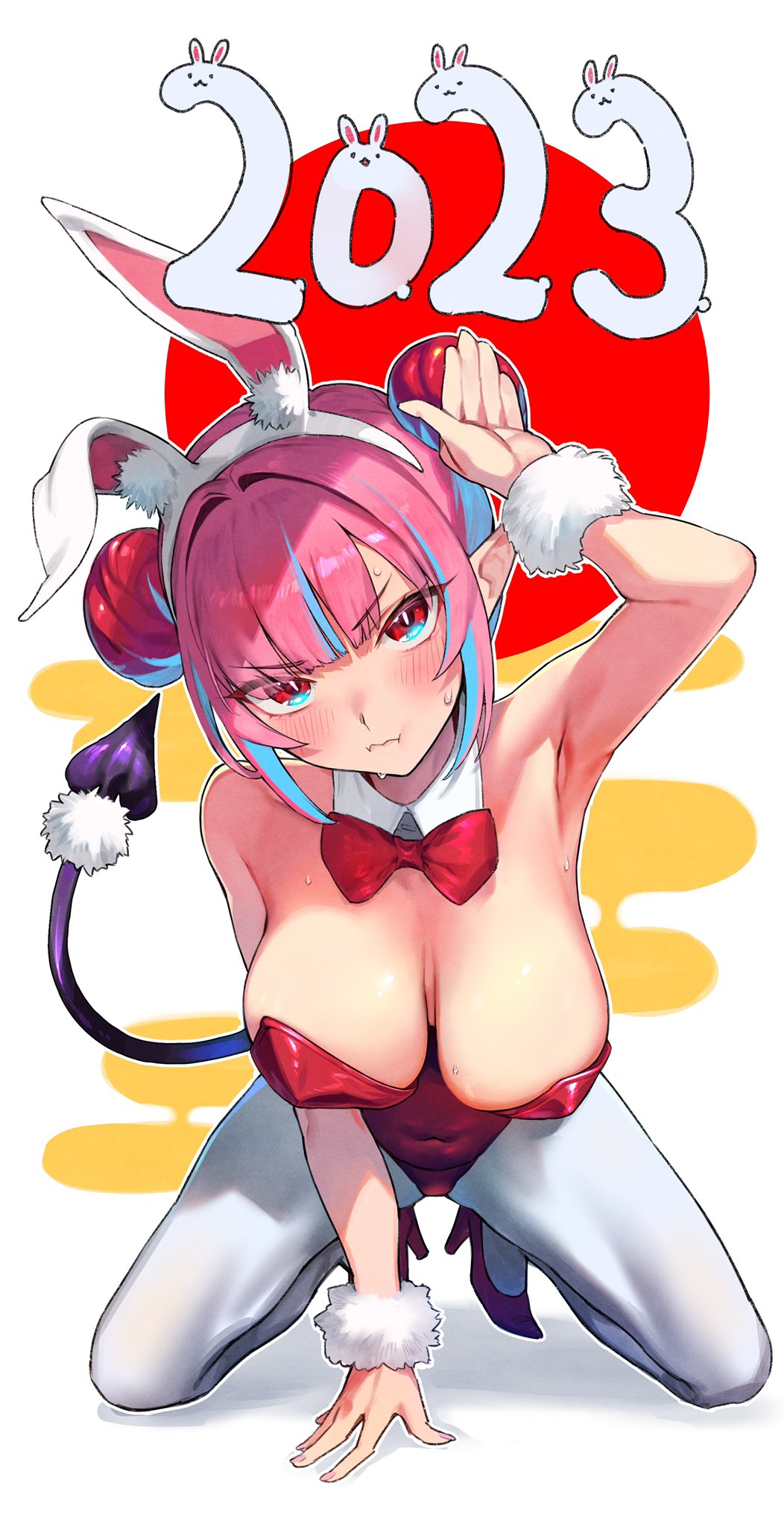 1girl 2023 animal_ear_fluff animal_ears arm_support armpits bare_shoulders black_tail blue_eyes blue_hair blush breasts bunny_pose chinese_zodiac cleavage closed_mouth colored_inner_hair commentary_request covered_navel demon_tail double_bun fingernails hair_bun hair_intakes high_heels highres huge_breasts kanan-sama_wa_akumade_choroi kanan_(kanan-sama) kneeling leotard light_blue_hair looking_at_viewer multicolored_eyes multicolored_hair nail_polish no_horn nonco pantyhose pink_hair pink_nails pointy_ears pouty_lips rabbit rabbit_ears red_eyes red_footwear red_leotard solo strapless strapless_leotard streaked_hair sweat tail tiptoes two-tone_hair v-shaped_eyebrows white_background white_headwear white_pantyhose wrist_cuffs year_of_the_rabbit