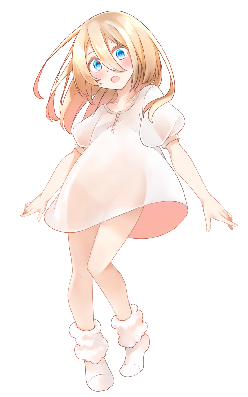 1girl bangs blonde_hair blue_eyes blush collarbone comah dress full_body hair_between_eyes highres long_hair looking_at_viewer no_shoes open_mouth original puffy_short_sleeves puffy_sleeves see-through_silhouette short_sleeves simple_background socks solo white_background white_dress white_socks