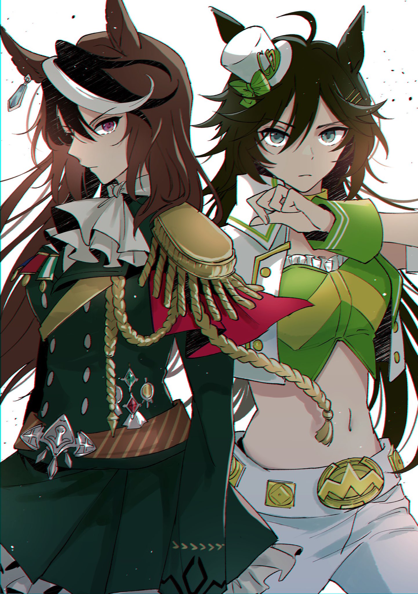 2girls ahoge aiguillette animal_ears arms_at_sides bandeau bangs breasts brown_hair buttons chromatic_aberration closed_mouth cowboy_shot double-breasted epaulettes frown green_eyes green_jacket green_skirt hair_ornament hairclip hand_up hat highres horse_ears jabot jacket long_hair long_sleeves looking_at_viewer medal midriff mimi_(usausamm5) mini_hat mini_top_hat mr._c.b._(umamusume) multicolored_hair multiple_girls navel pants purple_eyes skirt small_breasts standing streaked_hair symboli_rudolf_(umamusume) top_hat umamusume white_pants