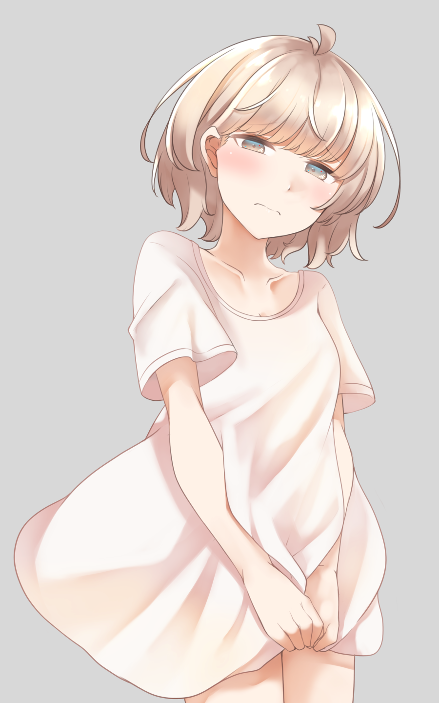 1girl blush breasts brown_eyes brown_hair cleavage closed_mouth collarbone comah dress grey_background half-closed_eyes highres original short_hair short_sleeves simple_background small_breasts solo white_dress