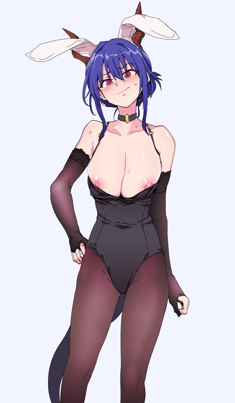 1girl animal_ears arknights arm_at_side bare_shoulders black_choker black_leotard black_pantyhose blue_hair blush breasts brown_gloves ch'en_(arknights) choker cleavage closed_mouth collarbone covered_navel dragon_girl dragon_horns dragon_tail elbow_gloves fake_animal_ears feet_out_of_frame fingerless_gloves gloves hand_on_hip head_tilt higata_akatsuki highres horns large_breasts leotard looking_at_viewer nipple_slip nipples pantyhose rabbit_ears red_eyes short_hair solo standing sweat tail