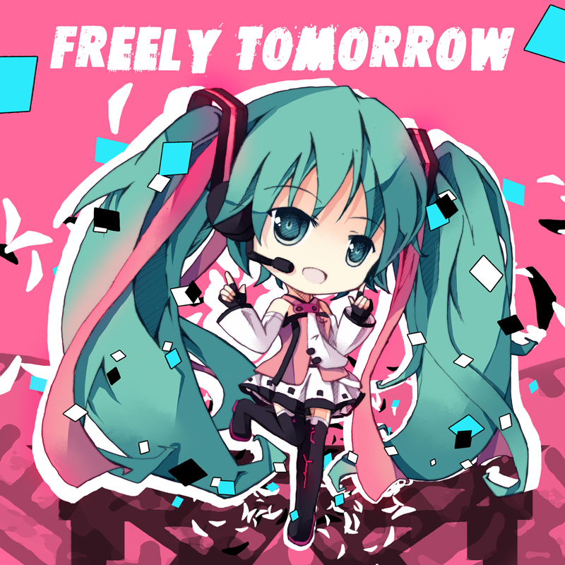 1girl bad_id bad_pixiv_id bondson character_name chibi commentary detached_sleeves fingerless_gloves freely_tomorrow_(vocaloid) full_body gloves green_eyes green_hair hatsune_miku long_hair necktie photoshop_(medium) project_diva_(series) project_diva_f skirt smile solo star_(symbol) star_voice_(module) very_long_hair vocaloid