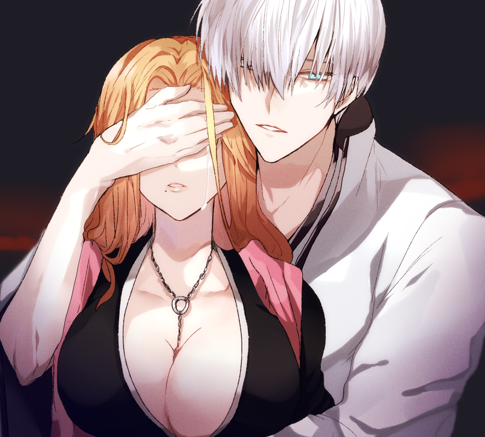 1boy 1girl bangs black_kimono bleach blue_eyes breasts cleavage commentary_request covering_another's_eyes crying grey_hair h_haluhalu415 hair_over_one_eye hug hug_from_behind ichimaru_gin japanese_clothes kimono large_breasts long_bangs long_hair looking_at_viewer matsumoto_rangiku mole mole_under_mouth o-ring orange_hair parted_lips pink_shawl robe shawl short_hair simple_background streaming_tears tears white_robe