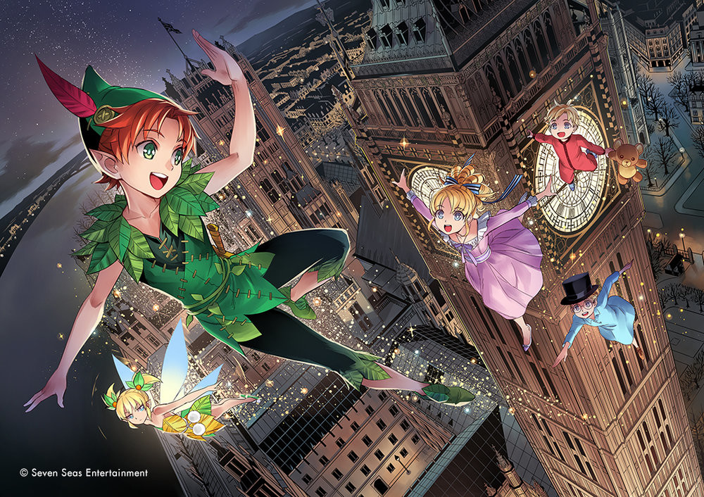 2girls 3boys blonde_hair blue_eyes blue_nightgown building cityscape commentary copyright dress elizabeth_tower english_commentary fairy fairy_wings flying glasses green_eyes green_footwear green_pants hat john_darling kriss_sison london michael_darling minigirl multiple_boys multiple_girls nightgown pajamas pants peter_pan peter_pan_(character) ponytail purple_dress red_hair red_pajamas river second-party_source smile stuffed_animal stuffed_toy teddy_bear tinker_bell_(character) top_hat twintails union_jack wendy_darling wings