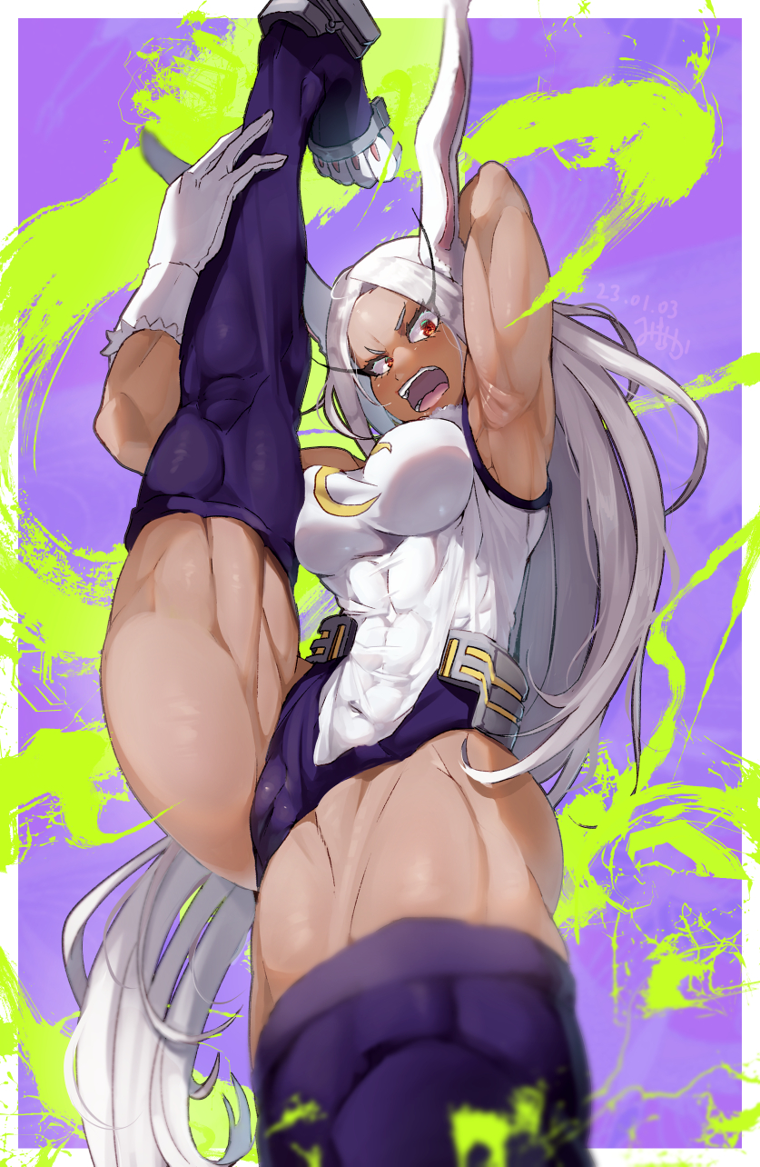 1girl animal_ears armpits bangs bare_shoulders boku_no_hero_academia border breasts covered_abs covered_navel crescent_print dark-skinned_female dark_skin dated fur_collar gloves highleg highleg_leotard highres large_breasts leg_hold leg_up leotard long_eyelashes long_hair looking_at_viewer mikichika mirko muscular muscular_female open_mouth parted_bangs purple_background purple_thighhighs rabbit_ears rabbit_girl red_eyes signature sleeveless_turtleneck_leotard solo split standing standing_on_one_leg standing_split taut_leotard thick_thighs thighhighs thighs very_long_hair white_border white_gloves white_hair white_leotard