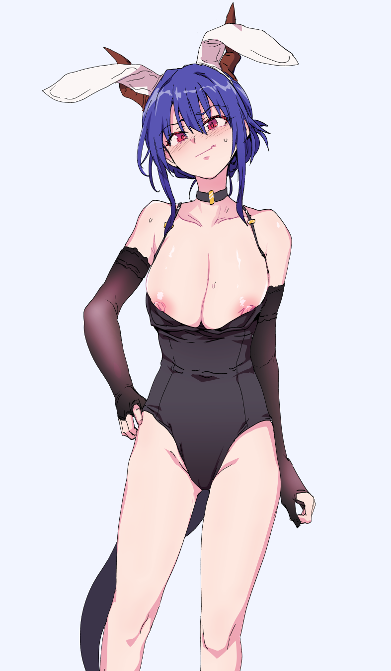 1girl animal_ears arknights arm_at_side bare_shoulders black_choker black_leotard blue_hair blush breasts brown_gloves ch'en_(arknights) choker cleavage closed_mouth collarbone covered_navel dragon_horns elbow_gloves fake_animal_ears feet_out_of_frame fingerless_gloves gloves hand_on_hip head_tilt higata_akatsuki highres horns large_breasts leotard looking_at_viewer nipple_slip nipples rabbit_ears red_eyes short_hair solo standing sweat