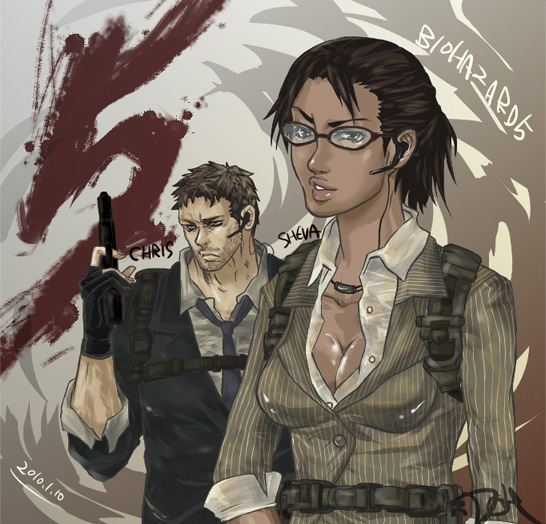 alternate_costume business_suit chris_redfield glasses monochrome resident_evil resident_evil_5 sheva_alomar