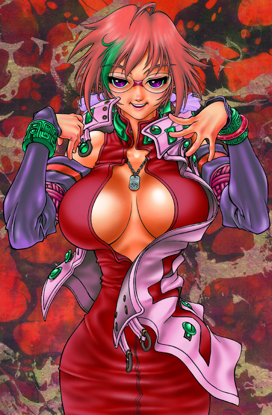 bad_id bad_pixiv_id bracelet breasts cleavage detached_sleeves dog_tags dress glasses jewelry large_breasts looking_at_viewer multicolored_hair phantasy_star phantasy_star_online purple_eyes red red_background red_dress red_hair red_ring_rico seductive_smile smile solo standing tanuma_yuuichirou two-tone_hair