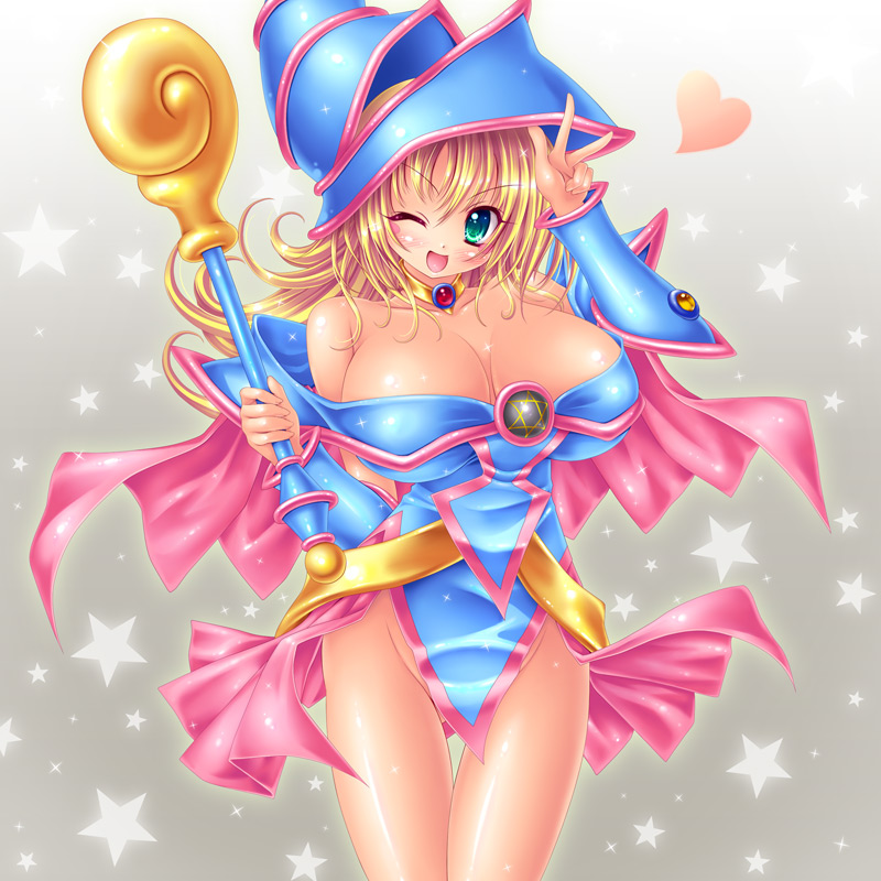 blonde_hair breasts cleavage dark_magician_girl duel_monster huge_breasts kogarashi_(artist) kogarashi_(wind_of_winter) shiny star stars wand wink yu-gi-oh! yuu-gi-ou_duel_monsters