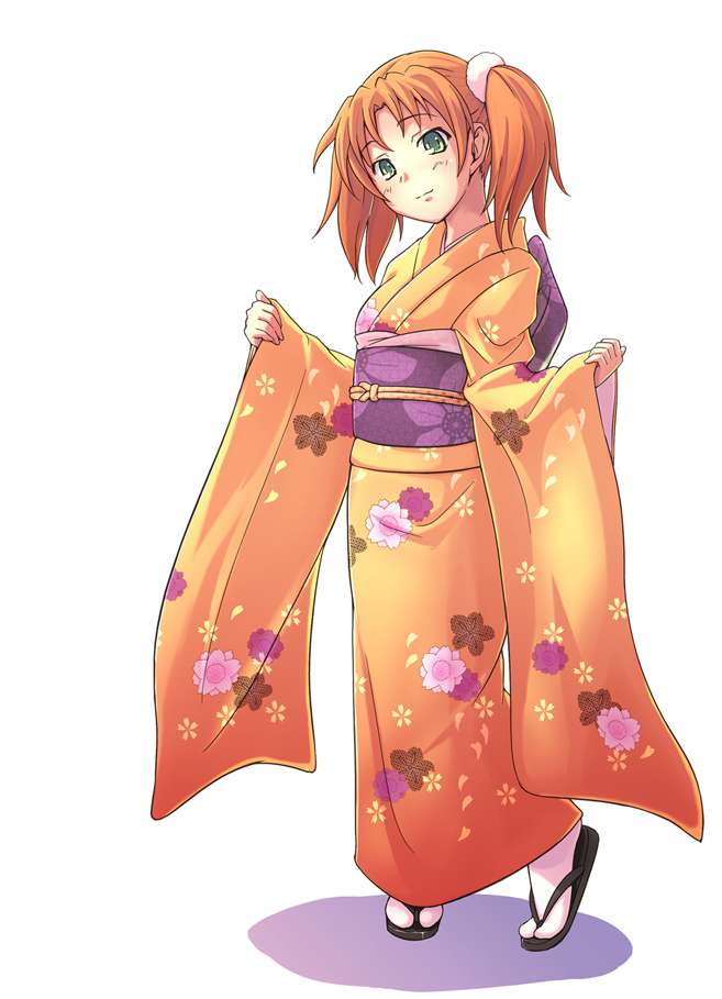 1girl artist_request character_request copyright_request dress female floral_print flower full_body green_eyes japanese_clothes kimono loli lolita red_hair sandals short_hair solo white_background