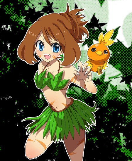 fang grass_skirt leaf_bikini nintendo odamaki_sapphire pokemon pokemon_special sapphire_(pokemon) torchic