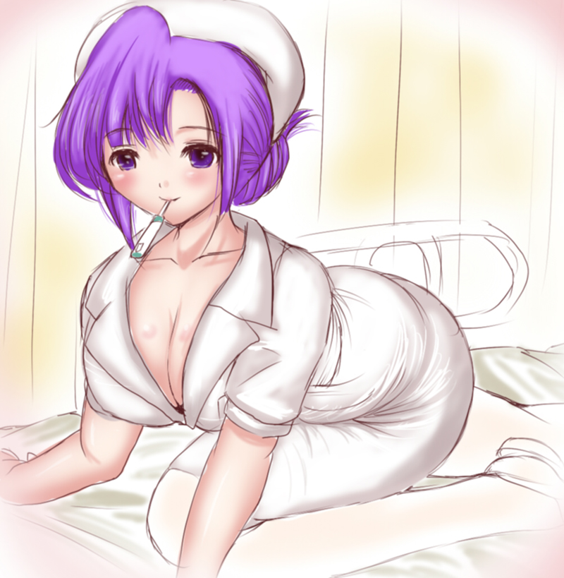 all_fours bed blush breasts cleavage nurse ryukishi smile