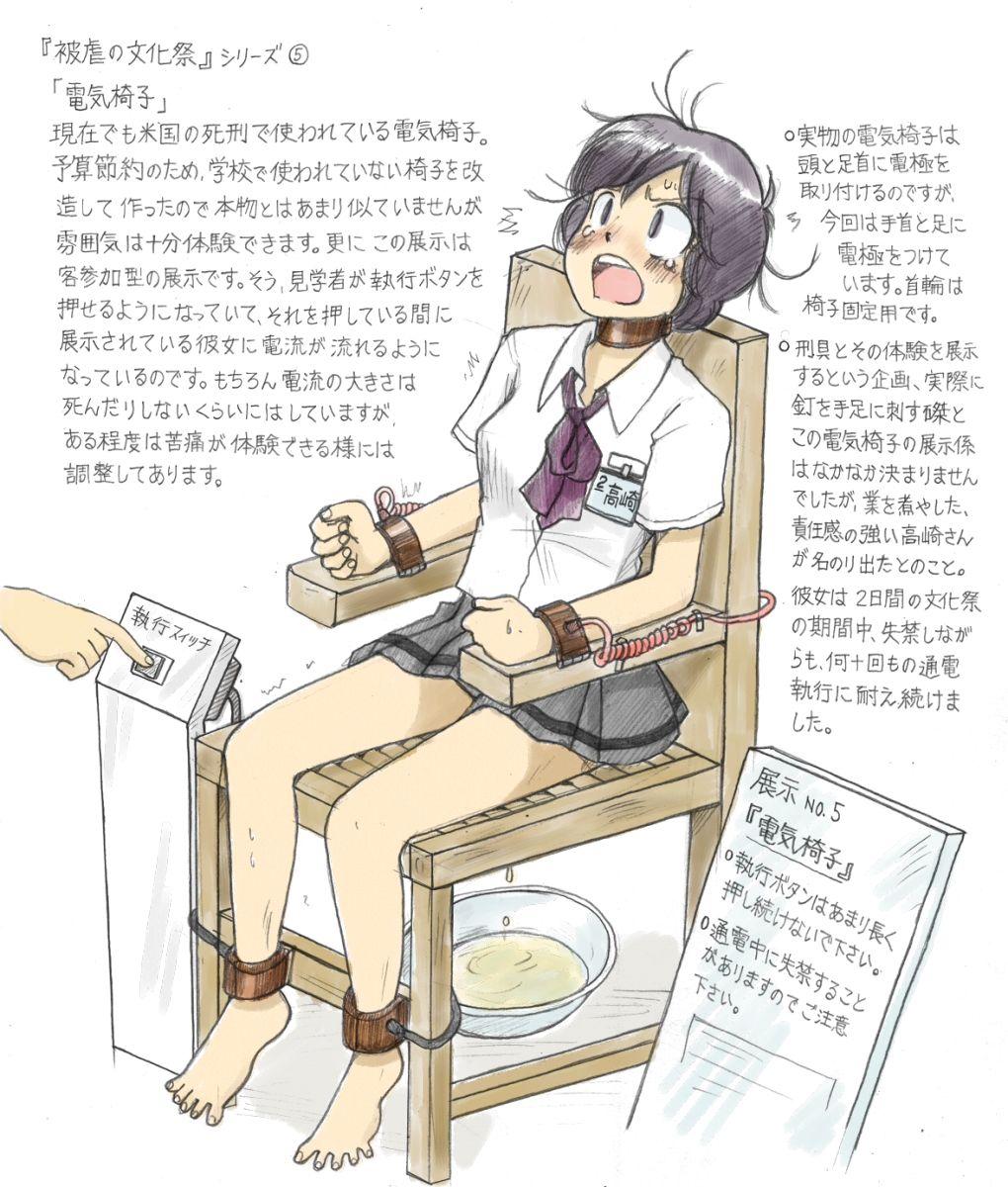 bondage chair electric_chair electricity electrocution execution feet highres peeing peril sachisuke_masumura school_uniform sitting skirt spread_toes toe_spread toes torture translation_request