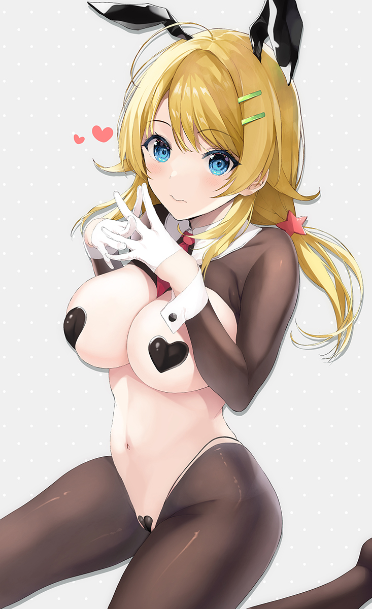 1girl ahoge animal_ears between_breasts blonde_hair blue_eyes blush bow bowtie breasts chinese_zodiac covered_nipples fake_animal_ears gloves hachimiya_meguru hair_ornament hairclip heart_maebari heart_pasties highres idolmaster idolmaster_shiny_colors inuzumi_masaki large_breasts latex latex_legwear long_hair looking_at_viewer low_twintails maebari meme_attire navel necktie necktie_between_breasts own_hands_together pantyhose pasties playboy_bunny rabbit_ears red_necktie revealing_clothes reverse_bunnysuit reverse_outfit shrug_(clothing) sitting solo star_(symbol) star_hair_ornament twintails wariza white_gloves wrist_cuffs year_of_the_rabbit