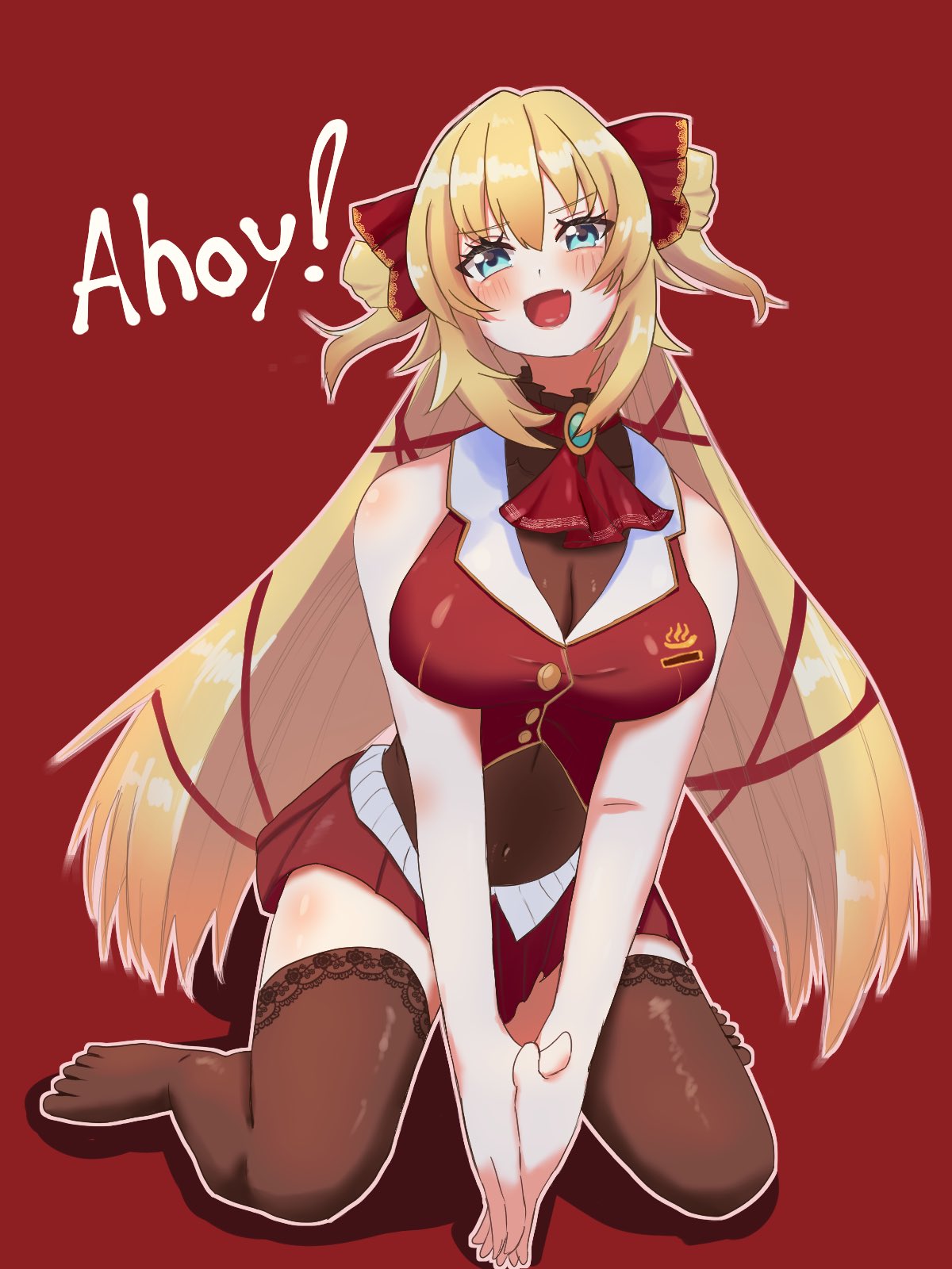 1girl akai_haato ascot black_collar blonde_hair blue_eyes blush bow breasts brooch brown_leotard brown_thighhighs cleavage collar cosplay covered_navel cropped_jacket fang frilled_collar frills hair_bow hair_ornament hair_ribbon highres hololive houshou_marine houshou_marine_(cosplay) jacket jewelry large_breasts leotard looking_at_viewer navel necoro1018 open_mouth red_ascot red_background red_jacket red_ribbon red_skirt ribbon side_ponytail skin_fang skirt thighhighs twintails virtual_youtuber
