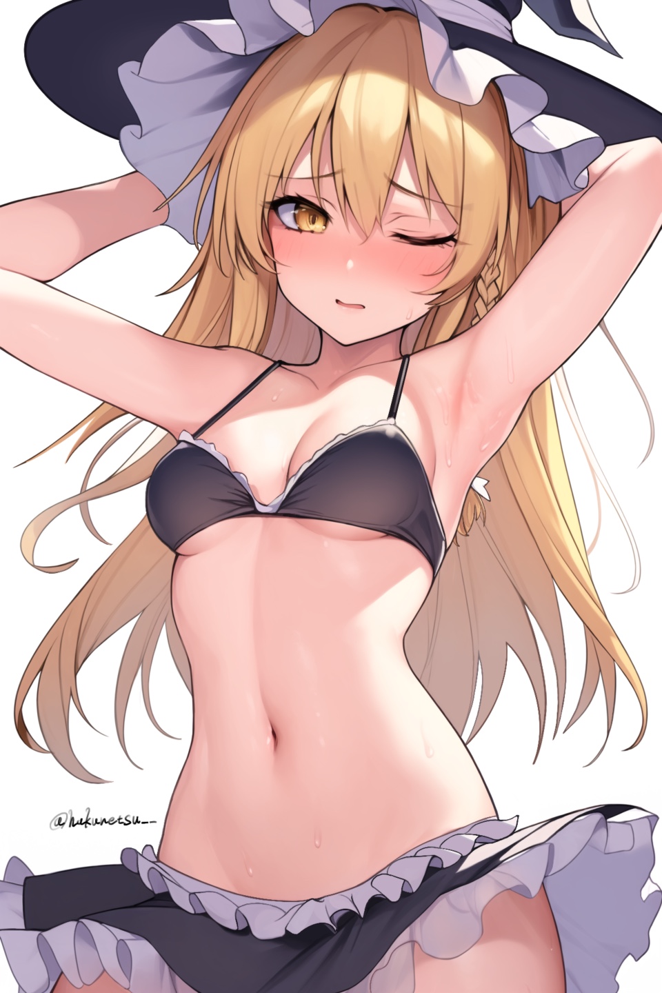 1girl adapted_costume armpits arms_behind_head arms_up artist_name bangs bikini black_bikini black_headwear blonde_hair blush braid breasts commentary frilled_bikini frills hakunetsu_denkyu~ hat highres kirisame_marisa long_hair looking_at_viewer midriff navel one_eye_closed revision simple_background single_braid small_breasts solo stomach sweat swimsuit touhou twitter_username underboob upper_body very_long_hair white_background witch_hat yellow_eyes