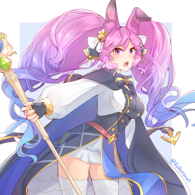 1girl animal_ears bangs bell blue_hair breasts cape carrot_(robosquat) cleo_(dragalia_lost) cowboy_shot dragalia_lost gradient_hair hair_bell hair_ornament holding holding_staff large_breasts long_hair long_sleeves looking_at_viewer multicolored_hair official_alternate_costume open_mouth pink_eyes pink_hair puffy_long_sleeves puffy_sleeves rabbit_ears solo staff thighhighs twintails twitter_username two-tone_hair very_long_hair