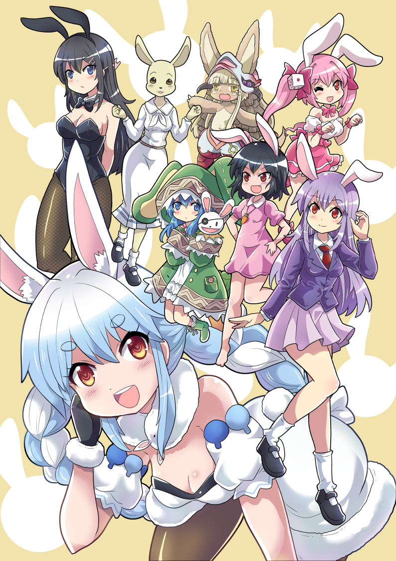 6+girls animal_ears bare_shoulders beastars black_gloves black_hair blue_hair breasts bunny_head chinese_zodiac cleavage colonel_aki commentary_request crossover date_a_live di_gi_charat dress english_commentary eyepatch fishnet_pantyhose fishnets furry gloves green_dress haru_(beastars) hololive inaba_tewi long_sleeves looking_at_viewer made_in_abyss medium_breasts mixed-language_commentary multicolored_hair multiple_crossover multiple_girls nanachi_(made_in_abyss) open_mouth orange_eyes pantyhose pink_dress pink_hair purple_hair rabbit_ears red_eyes reisen_udongein_inaba sakurajima_mai seishun_buta_yarou short_sleeves sleeves_past_fingers sleeves_past_wrists touhou trait_connection twintails two-tone_hair usada_hikaru usada_pekora virtual_youtuber white_dress white_hair year_of_the_rabbit yoshino_(date_a_live)