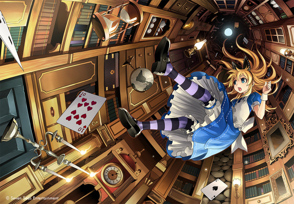 ace_of_spades alice_(alice_in_wonderland) alice_in_wonderland apron black_bow black_footwear blonde_hair blue_dress blue_eyes bookshelf bow candle candlestand clock commentary dress english_commentary falling from_below globe hair_bow hourglass kriss_sison lamp long_hair pantyhose pendulum_clock purple_pantyhose second-party_source shoes spade_(shape) white_apron wide_shot