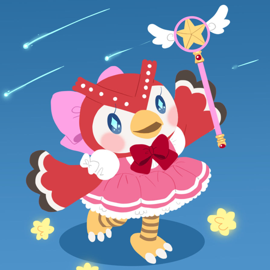 1:1 2021 animal_crossing anthro avian bird blue_background cardcaptor_sakura celeste_(animal_crossing) clothing cosplay crossover crossover_cosplay dress female magic_wand magical_girl_outfit nintendo on_one_leg open_mouth owl pink_clothing pink_dress pink_hair_bow red_body red_bow_tie simple_background solo sparkling_eyes standing walphish