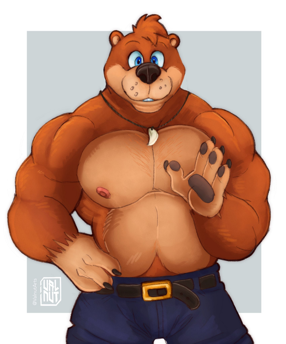 anthro banjo-kazooie banjo_(banjo-kazooie) bear belt blue_eyes brown_body brown_fur clothed clothing fur gesture jewelry male mammal muscular muscular_male necklace pecs rareware smile solo tooth_necklace topless valnvt waving