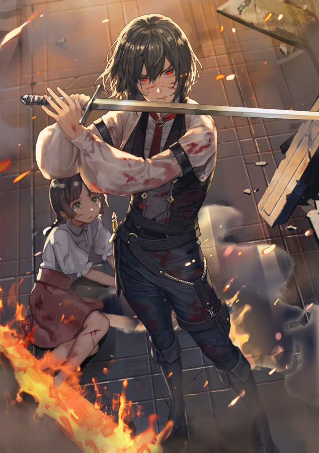 1boy 1girl black_hair blood blood_on_clothes blood_on_face braid child collared_shirt copyright_request cuts embers female_child fighting_stance fire green_eyes hair_between_eyes holding holding_sword holding_weapon injury korean_commentary long_sleeves looking_at_another looking_at_viewer lying necktie novel_illustration official_art on_side protecting red_eyes red_necktie rubble serious shirt short_hair short_sleeves skirt sssttt sword teardrop twintails vest_over_shirt weapon