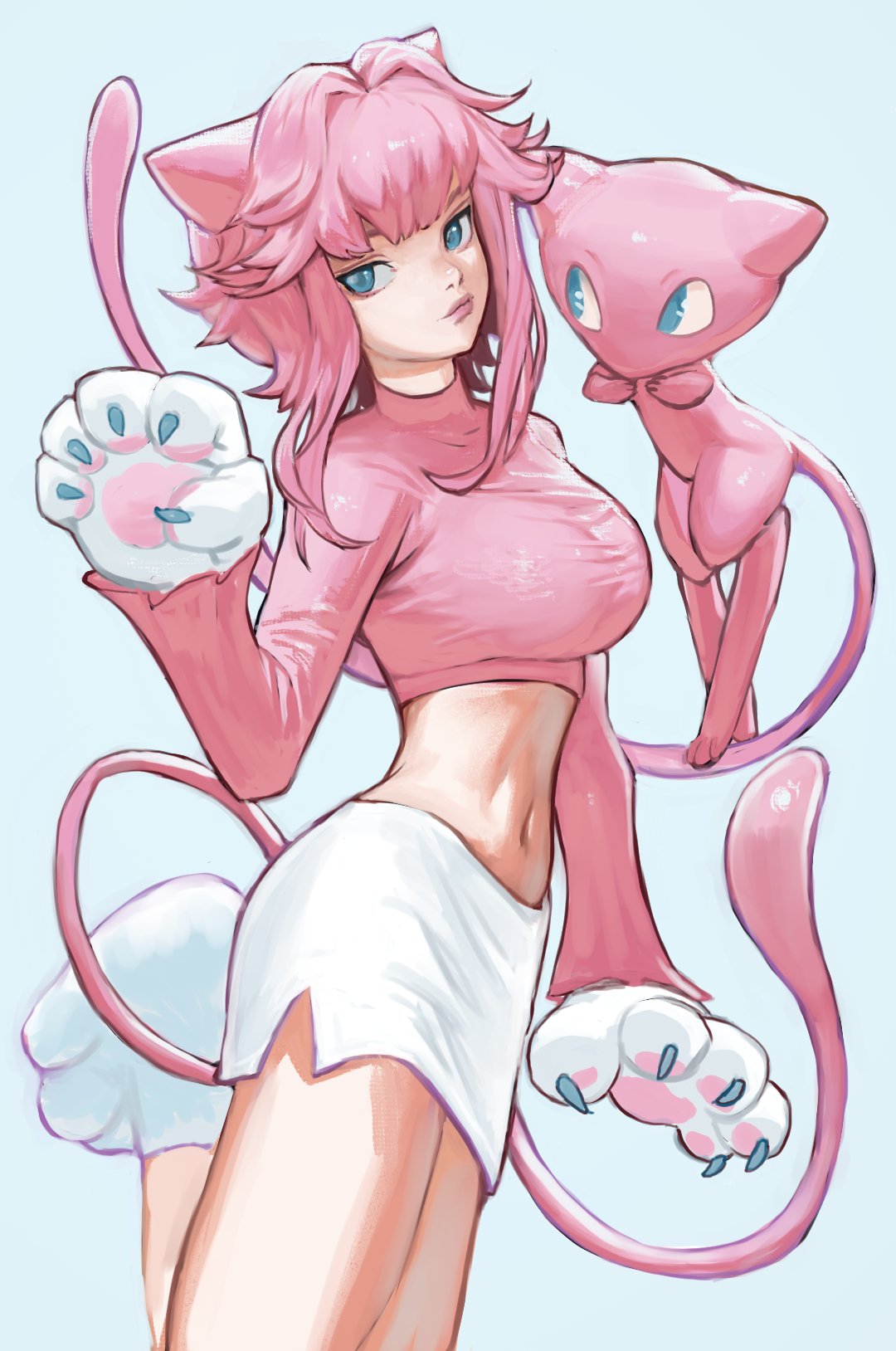 1girl animal_ears animal_hands annie_lyce arm_at_side bangs blue_eyes breasts cat_ears cat_girl cat_tail claws closed_mouth commentary cowboy_shot crop_top english_commentary floating gloves hair_flaps hand_up highres large_breasts leg_up long_sleeves looking_at_another looking_at_viewer looking_to_the_side medium_hair mew midriff miniskirt navel paw_gloves paw_shoes pencil_skirt personification pink_hair pink_shirt pokemon pokemon_(creature) shirt side_slit simple_background skirt standing standing_on_one_leg stomach tail thighs white_background white_footwear white_skirt